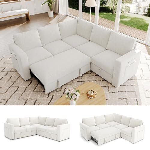 SUAWY 83.5" Sectional Sleeper Sofa with Pull Out Couch, Modern 5 Seat L Shaped Modular Couch, Sectionals Modular Sofa with Storage, Comfy Sectional Couches for Living Room & Apartment, Light Beige