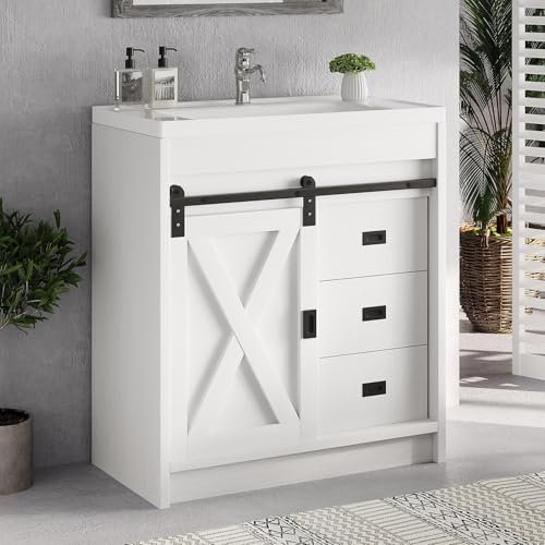 4ever2buy 30" Farmhouse Bathroom Vanity with Sink, Small White Bathroom Vanity Cabinet with 2 Drawers & Sliding Barn Door, White