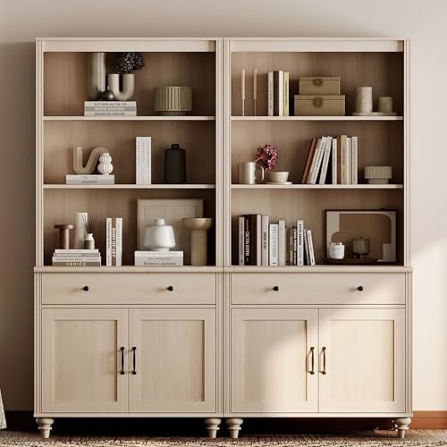 WAMPAT 5 Tier Bookshelf 72" Tall Bookcase with Barn Doors, Large Farmhouse Display Book Shelf with 2 Drawers and Storage Cabinet, Library Wood Bookshelves for Living Room,Kitchen, Light Oak(2PCS)
