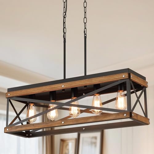 Rustic Farmhouse Wood Kitchen Island Lighting, 5 Lights Rectangular Pendant Light Fixture, Adjustable Chain Oak Wood and Metal Linear Chandelier for Dining Room Kitchen Island Farmhouse, Black