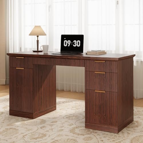 FURSUN 58" Fluted Modern Desk with Storage, Home Office Desk with 1 File Cabinet & 5 Drawers, Wood Executive Computer Writing Desk for Study, Living Room, Bedroom, Dark Walnut