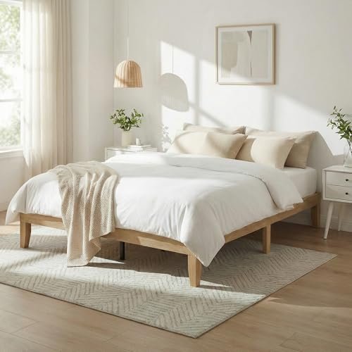 elnure Bed Frame Queen Size, Wood Platform Bed Frame with Solid Wood Slats & Legs, Noise-Free, No Box Spring Needed, Easy Assembly, Minimalist Japandi Style