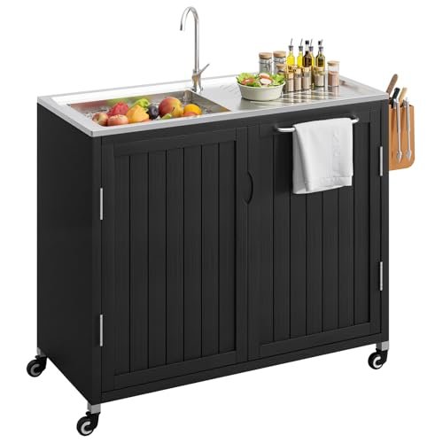 Outdoor Kitchen Island with 304 Stainless Steel Sink and Large Storage Cabinet,Wooden Grill Cart,40-Inch BBQ Prep Station with Sink & 360 Lockable Wheels for Patio, Backyard, Outdoor Party, Black