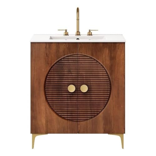 Modway Vernon 30" Fluted Wood Bathroom Vanity in Walnut White with Ceramic Sink – Mid-Century Modern Freestanding Vanity with Integrated Sink and Countertop