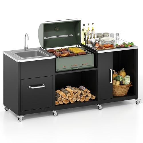 Happygrill 80” Outdoor Grill Table with Sink & Drainage, Heavy Duty Metal Grill Cart w/Cabinet & Removable Stainless Steel Top, Portable Prep Cooking Table w/Wheels for BBQ, Patio, Camping & Backyard