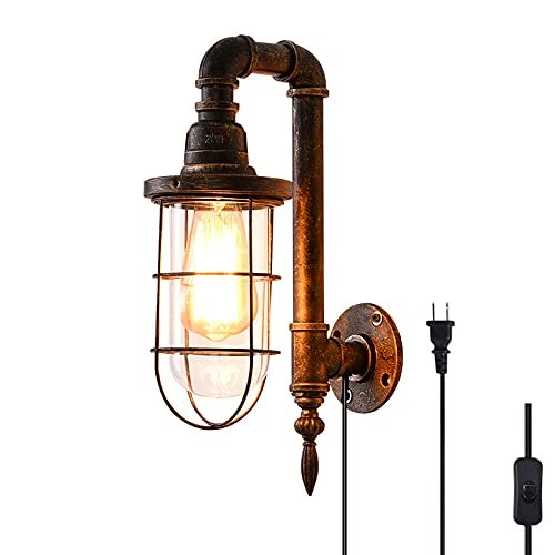 Lovefindahome Industrial Plug in Wall Light E26 Base Edison Wire Retro Style Vintage Wall Lights with 5.9Ft Adjustable Plug in Cord Rustic Wall Sconce Fixture for Headboard Bedroom Porch - Cage