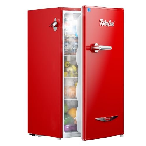 Upstreman 3.2 Cu.Ft Retro Mini Fridge with Bottle Opener, Energy Saving, Adjustable Thermostat, Metal Handle, LED Lamp, Mini Refrigerator for Bedroom, Office, Dorm-BR321 PRO (Red)