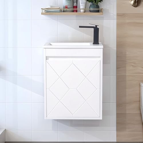 18 Inch Floating Small Bathroom Vanity with Sink, White Narrow Bathroom Cabinet Sink Combo for Small Spaces, Wall-Mounted Vanity with Soft Close Door
