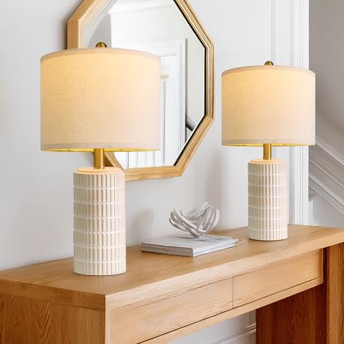 PoKat 20.75" Small Modern Ceramic Table Lamps Set of 2 for Bedroom, White Bedside Lamps for Night Stands, Farmhouse Desk Decor Gift Nightstand Table Lamps for Living Room End Table Beige