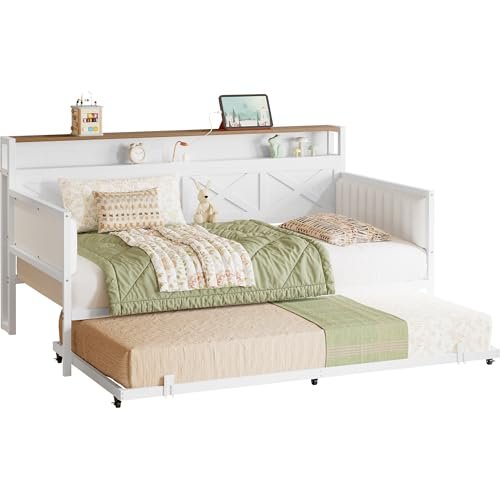 IRONCK Daybed with Trundle, Sturdy Metal Twin Bed Frame with X-Shaped Frame, Upholstered Farmhouse Daybed with Charging Station for Living Room, Bedroom, and Guest Room, White/Walnut