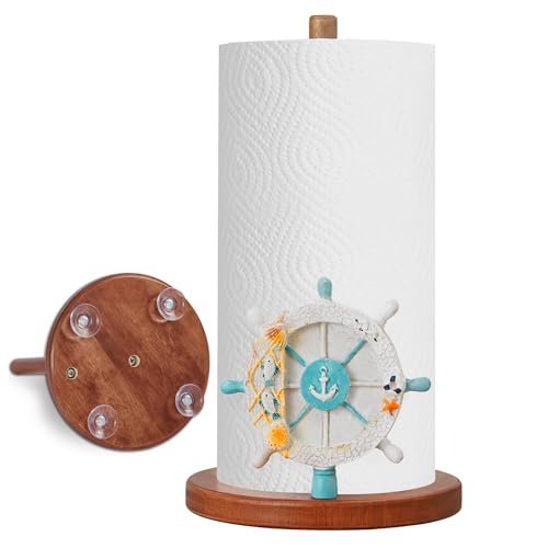Nautical Ship Wheel Paper Towel Holder,Coastal Kitchen Decorative,Wooden Stand Countertop Anti Slip,Ocean Themed Gift for Women,Beach House Home,Apartment Essentials,4 Suction Cup