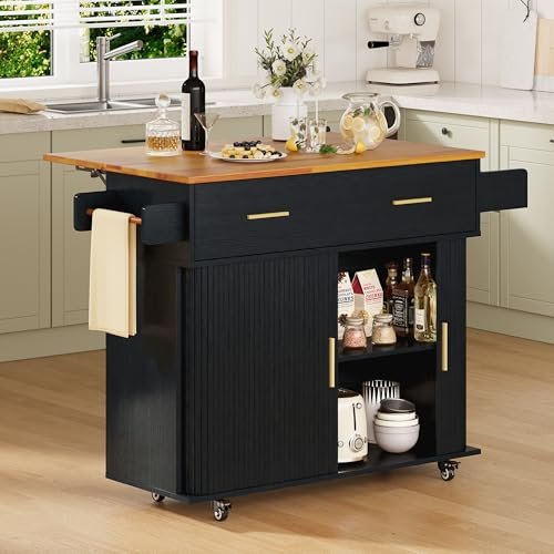 DHH Rolling Kitchen Island with Drop Leaf Countertop&Ample Storage - 39.4" Small Mobile Kitchen Cart On Wheels with Sliding Door,Drawers,Spice Rack & 2-Tier Storage (Black)