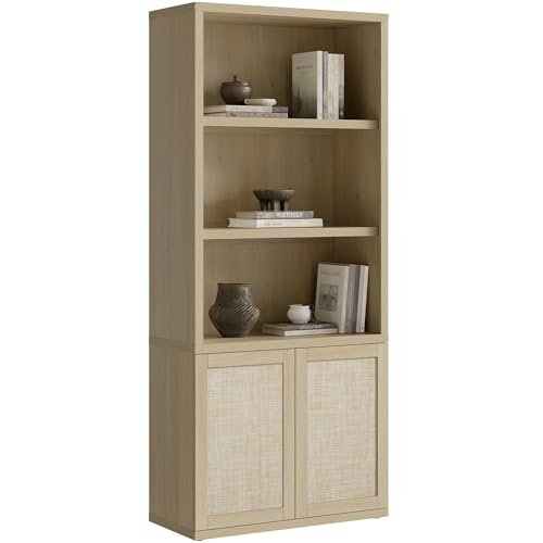 SICOTAS 70.5" Tall Bookshelf - 5-Tier Rattan Bookcase with Storage Cabinet Large Farmhouse Book Shelves with Doors, Boho Bookshelves for Living Room Home Office Library(Sand Oak, 1 Piece)