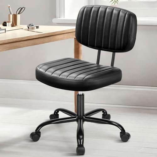 DUMOS Small Armless Home Desk Chair with Low Back Lumbar Support, Height Adjustable PU Leather Computer Task Chair with 360° Swivel Wheels, for Small Space, Adults, New Black
