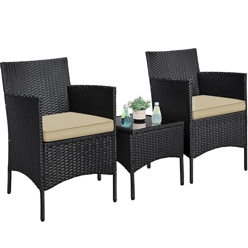 Yaheetech 3 Pieces Patio Conversation Set, Outdoor Rattan Bistro Furniture, 2 Chairs with Cushions & 1 Side Table for Bistro/Porch/Garden/Deck/Courtyard, Black/Khaki