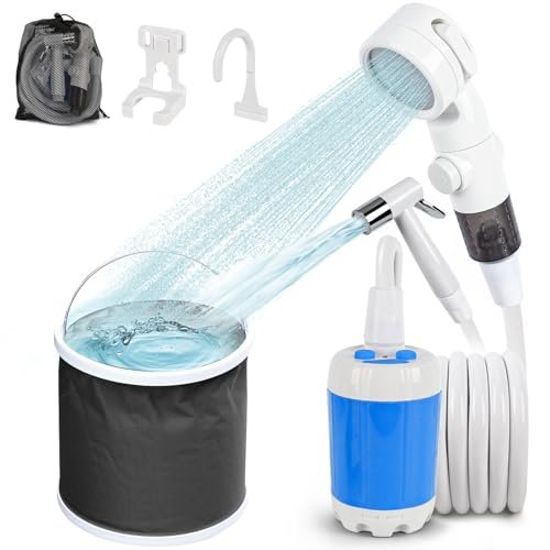 wisebean Portable Camping Shower, Outdoor Shower Kit, Hose, Spray Gun & Folding Bucket, Rechargeable Battery Powered Portable Shower for Camping, Hiking, Beach,RV,Pet Cleaning & Road Trips