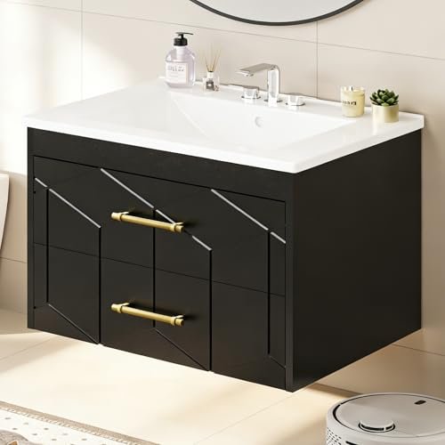IDEALHOUSE Floating Bathroom Vanity with Sink 30 inch, Modern Bathroom Sink Cabinet, Ceramic Vanity Top, 2 Large Storage Drawers with Gold Metal Handle, Easy to Assembly, Black