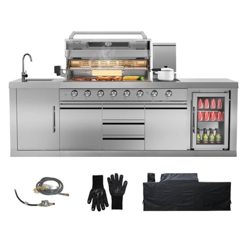 CT Copper Tailor 6-Burner Outdoor Kitchen BBQ Grill Island 99,000 BTUs with Sink, Fridge, Rear Burner, Side Burner, Storage Cabinets & Drawers, Cover, Stainless Steel with Natural Gas Kit)