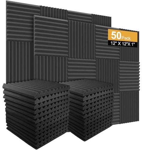 Burdurry 50 Pack Acoustic Panels Soundproof Studio Foam for Walls Sound Absorbing Panels Sound Insulation Wedge for Studio, 1" X 12" X 12" (Black)