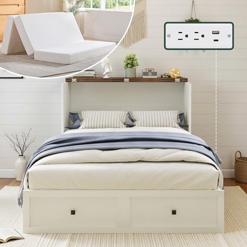 LUXOAK Queen Murphy Bed with 6" Tri-Fold Memory Foam Mattress, Storage Drawer & Charging Station, Space-Saving Design for Home Office or Guest Room, White