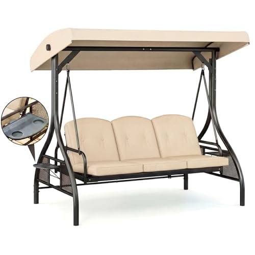TLSUNNY 3 Seat Outdoor Porch Swing with Stand, Convertible Porch Swing Bed with Adjustable Canopy for Adults, Patio Swing Chair with Cup Holder & Thickened Cushions for Yard, Deck, 750LBS (Beige)