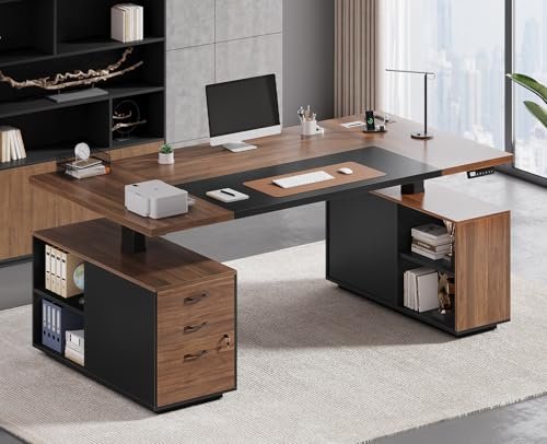 AODEMOKO 71" Electric Standing Desk with Drawers, Electric Height Adjustable Executive Desk with Lockable File Cabinet, Home Office Desk, Open Storage Compartments, Built-in Power Outlet, Black