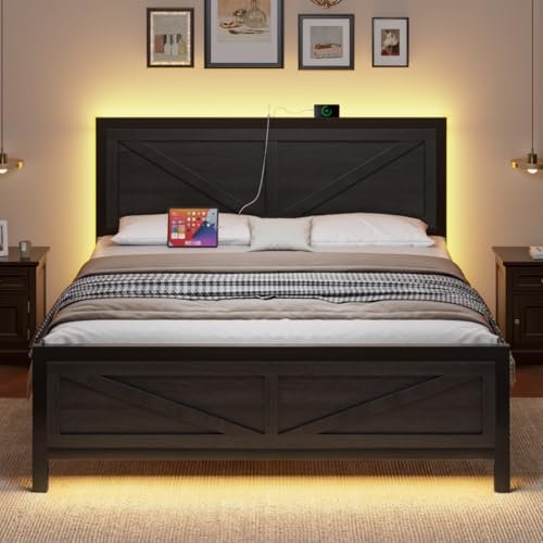 DOGIBIXO Led Bed Frame Queen Size with USB Charging Station, Industrial Platform Bed Frame with Farmhouse Barn Door Headboard, Strong Metal Slats Support, Noise Free, No Box Spring Needed, Black