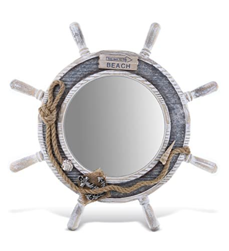 CoTa Global Silver Sea Beach Wall Decor Nautical Ship Wheel Mirror - Handcrafted Wooden Ship Wheel Mirror with Hanger, Nautical Themed Home Decor, Decorative Ornament