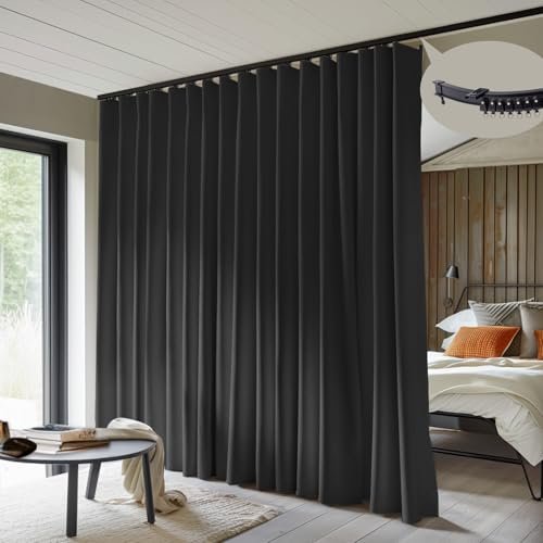 MaKefeile Room Divider Curtains with Flexible Ceiling Curtain Tracks Set,100% Blackout Floor to Ceiling Curtains Patio Sliding Door Curtains (Black Drape & Black Rail W 8.3 × H 9 FT)
