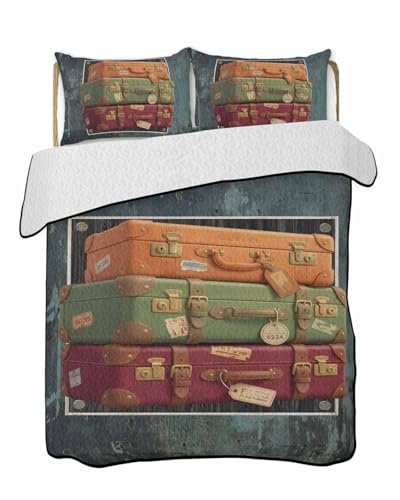3D Optical Illusion Quilt King Bedding Set, Lightweight Summer Quilt with Pillow Shams 3 Pieces Vintage Shabby Chic Suitcase on Walls Microfiber Soft Quilt Set Bedspread Coverlet for All Seasons