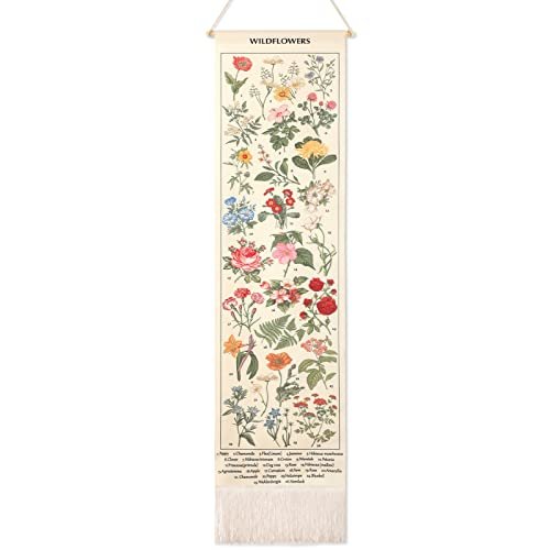 Geetery Vintage Floral Vertical Tapestry Wall Hanging Decor Long Flower Narrow Botanical Fabric Wall Art Hanging Reference Illustrative Tassel Tapestry for Bedroom Living Room Home Decor Gift(White)