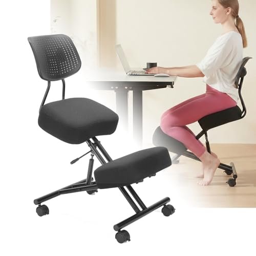 Kneeling Chairs with Backrest Linen Ergonomic Home Office Chair Adjustable Height Seat Rolling Wheels Comfort Thick Cushion Work Stool Improve Posture Chair