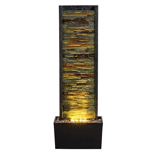 Cheng Pin 38'' Tall Indoor/Outdoor Water Fountain -Staggered Stone Wall Design,Create Relaxing Ambiance to Decor Your Living Room,Office,Bedroom,Garden with Waterfall Water Feature and LED Lights