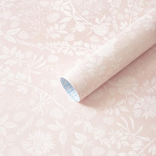 Guvana Pink and White Peel and Stick Wallpaper Floral Wallpaper Slef Adhesive Removable Waterproof Contact Paper Boho Wall Paper for Living Room Bedroom Stair Kitchen Bathroom 17.3''x78.7''