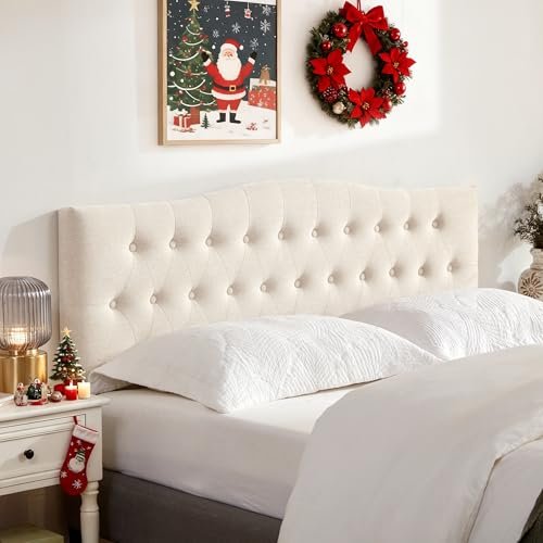 Huatean Home Tufted Upholstered Headboard Queen Size, Sturdy and Durable Solid Wood Bed headboard, Fabric Headboard Adjustable Height from 37” to 51”, Modern Button Diamond Design Head Board, Beige