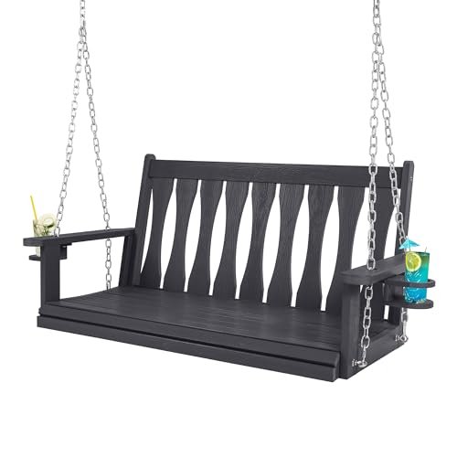 HIPS All-Weather Outdoor Hanging Porch Swing,2 Seat Hanging Swing Bench with Cup Holders,Patio Swing Chair with Hanging Chains for Courtyard & Garden