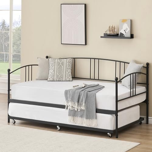 IDEALHOUSE Twin Daybed with Trundle, Metal Twin Size Daybed with Pullout Trundle 6 Casters, Steel Slat Support Sofa Bed for Living Room, Bedroom, Guest Room (Black)