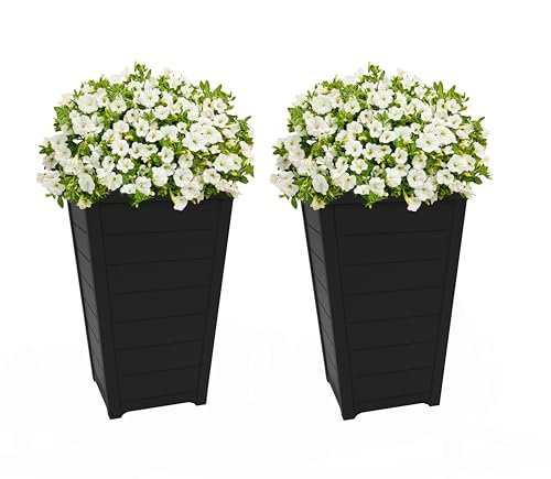Keter Set of 2 Resin Modern Outdoor 22 Inch Tall Large Flower Pots, Tapered Wood Look Planters for Outdoor Plants and Front Porch Decor, Graphite
