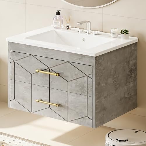 IDEALHOUSE Floating Bathroom Vanity with Sink 30 inch, Modern Bathroom Sink Cabinet, Ceramic Vanity Top, 2 Large Storage Drawers with Gold Metal Handle, Easy to Assembly, Grey