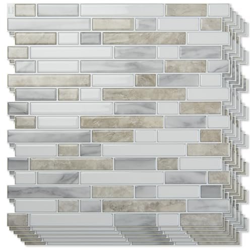 Art3d 10-Sheet Heavy-Duty Peel and Stick Backsplash, Waterproof Wall Tiles Stick on Kitchen Backsplash Living Space, Beige & White