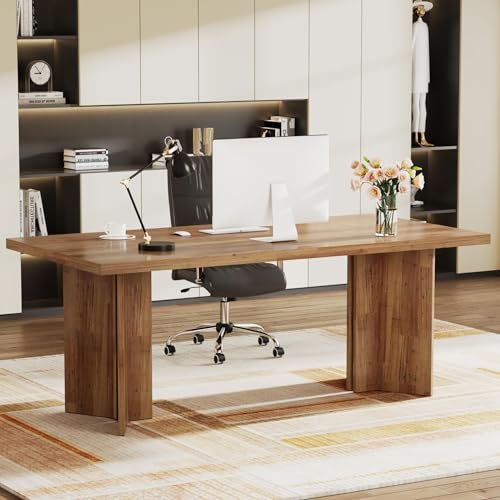 Tribesigns 63-inch Executive Desk, Vintage Home Office Computer Desk with Large Tabletop, Farmhouse Wood Writing Conference Table Workstation for Office, Study, Walnut Brown
