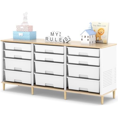 12 Drawers Storage Cabinet with Wooden Top and Plastic Bins, Toy Shelf Storage Chest Cubby Organizer for Home, Office, Playroom, Classroom & Craft Room Storage (White)