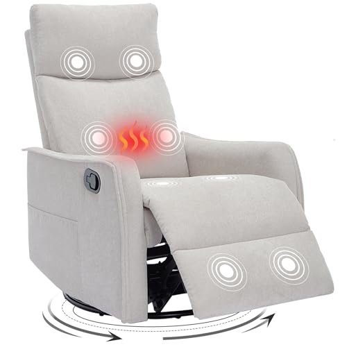 Trustyue Swivel Rocker Recliner Chair, 360° Swivel Recliner with Heat and Massage, Rocker Recliner Nursery Glider Chair with Side Pockets for Living Room (Beige, Fabric)