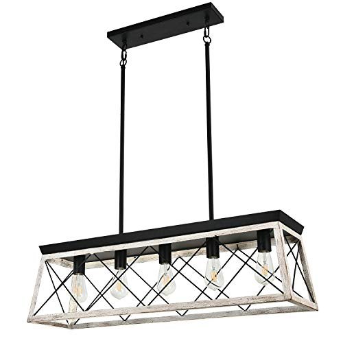 Luupyia Farmhouse Rectangular Chandelier Rustic, 5-Lights Kitchen Island Lighting, Linear Island Light Fixture Farmhouse Pendant Lighting Fixtures for Dining Room Pool Table Beige