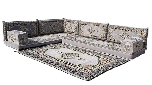 L Shaped Arabic Floor Cushions, Sectional Sofas, Arabic Majlis Set, Custom Made Sofa, Arabic Sofa Set, Seating Cushions (4'' Thickness Sofa, L Sofa + Rug, Gray)