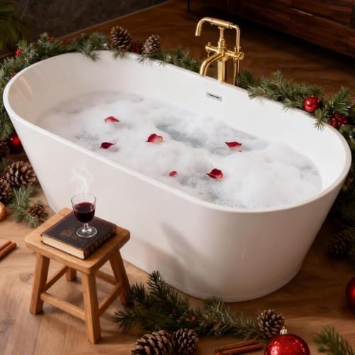 55" Oval Freestanding Soaking Bathtub with Toe-Tap Chrome Drain, Stand Alone Tub, Acrylic Soaking Tub, Ergonomic (Gloss White, 55")
