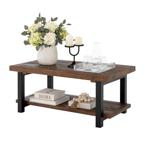 Pomona 42-Inch Rectangular Solid Wood Coffee Table with Storage Shelf & Metal Legs – Rustic Industrial Farmhouse Living Room Table by Alaterre Furniture (Rustic Natural)