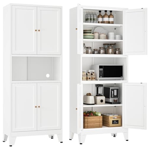 YAUWOH 69" Tall Metal Pantry Cabinet with Microwave Shelf,Microwave Storage Cabinet with 4 Doors & 3 Adjustable Shelves,Metal Cabinet with Storage for Kitchen Dining Room Living Room(1PC,White)