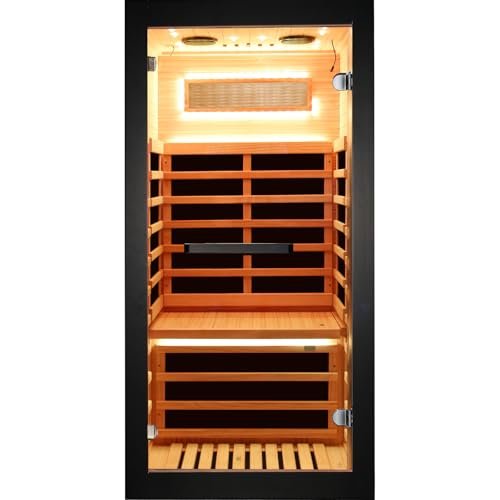 OUTEXER Sauna One Person Infrared Saunas Room Chilean Pine Wood 1050W Dry Saunas Spa with 7 Color Starry Sky Light Oxygen Bar Cup Holder 30.7x30.7x62.2inch