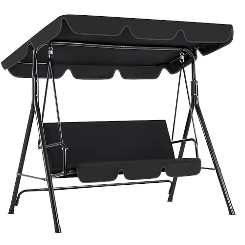 AECOJOY Porch Swing with Stand, Outdoor Swings for Adults, 3-Seat Outdoor Swing with Canopy, Outside Swing Bench with Removable Cushion, Suitable for Backyard, Garden, Yard, Poolside, Balcony (Black)